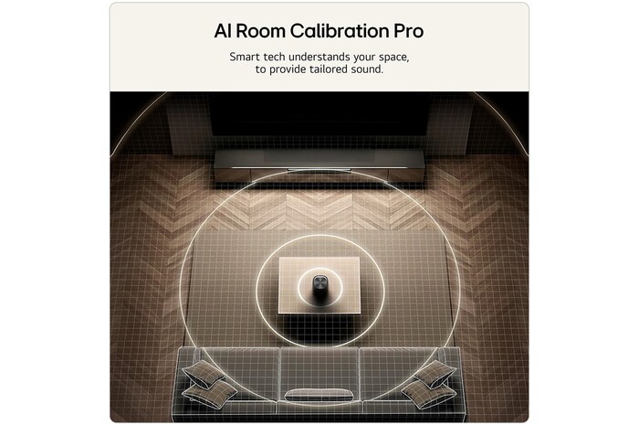 LG Stereo 5 speaker with AI Room Calibration Pro, analysing room acoustics and optimising sound performance based on the listening environment.
